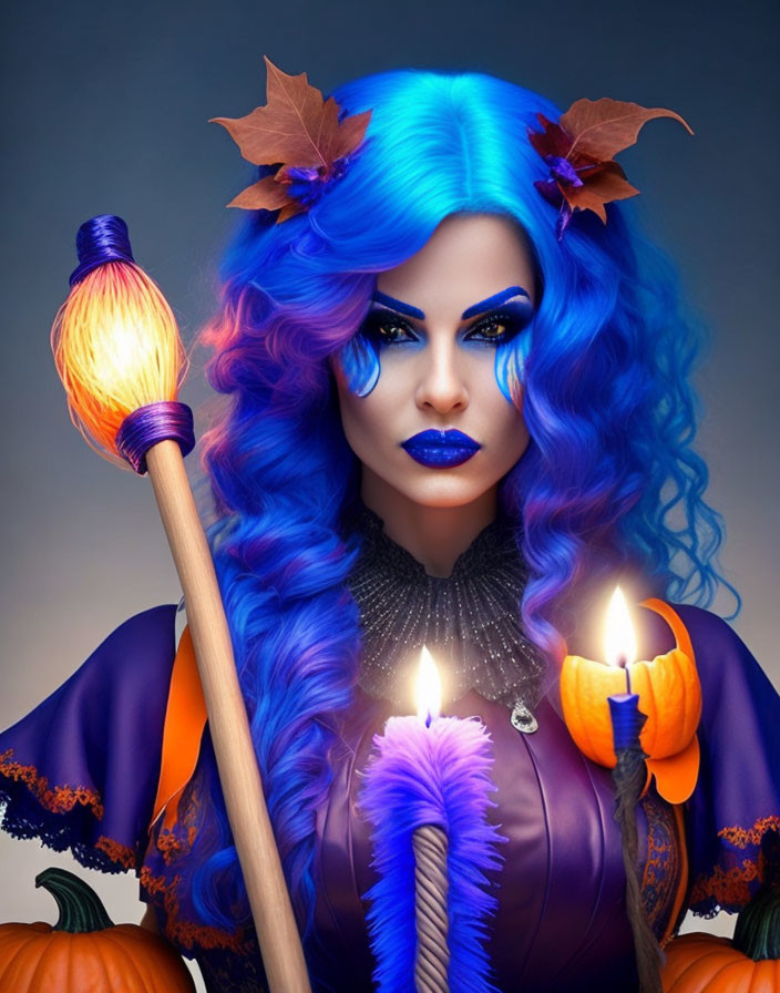 Woman in blue hair and fall costume with broomstick and pumpkin candle.