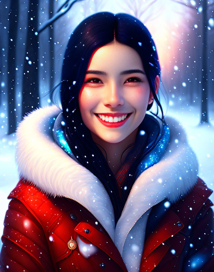 Smiling woman in red coat with black hair in snowy setting