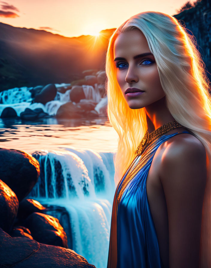 Blonde woman with blue eyes at sunset waterfall with golden necklace