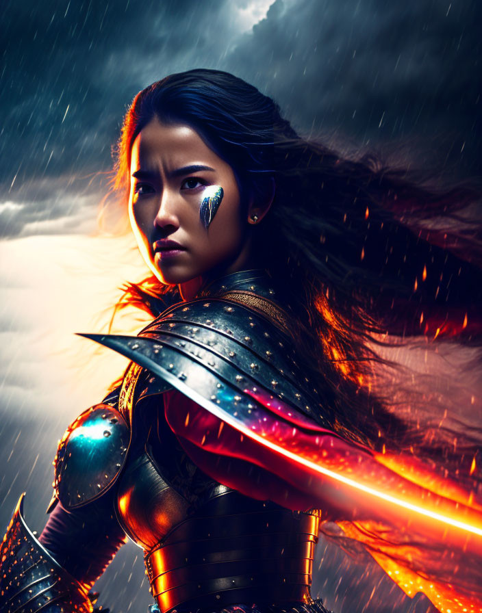 Warrior woman in armor with glowing sword in stormy backdrop