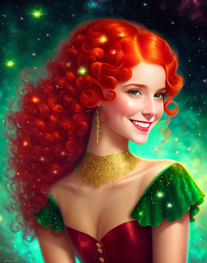 Colorful digital portrait of smiling woman with red curly hair and starry background