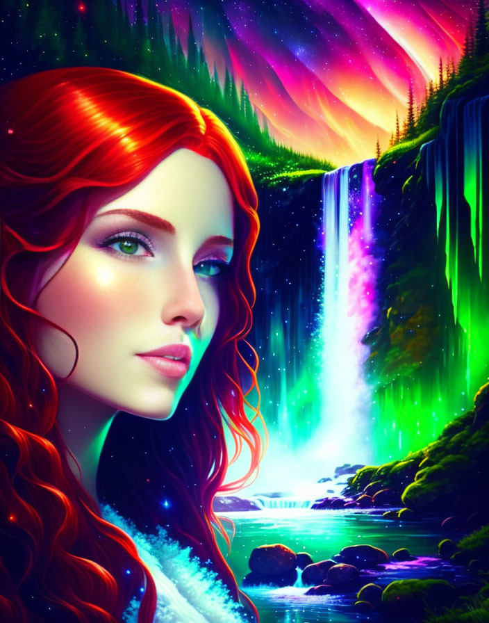 Illustrated woman with red hair in serene setting