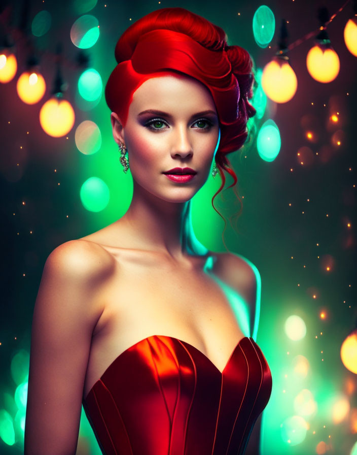 Styled red-haired woman in strapless red dress with colorful bokeh lights.