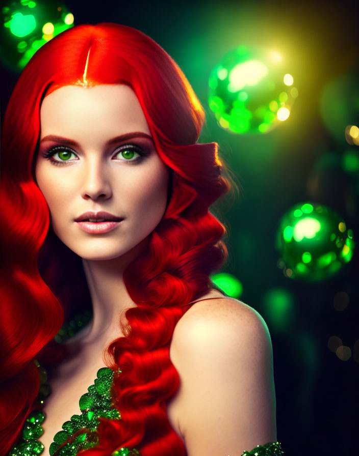 Red-haired woman in green sequined outfit on dark background with green orbs