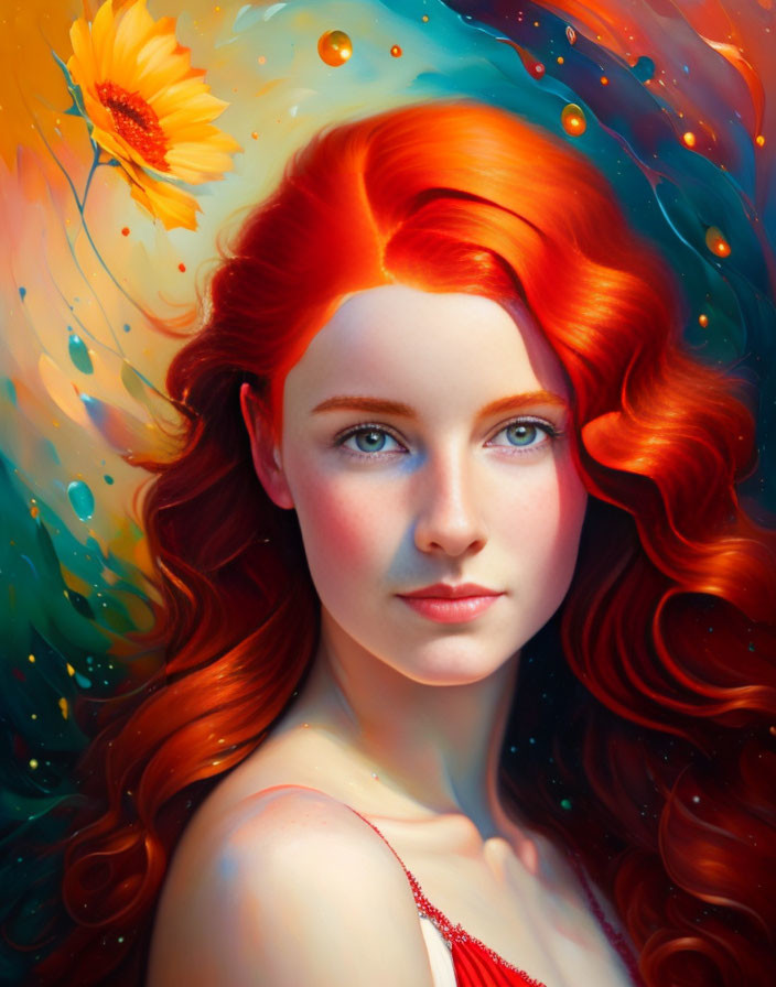 Colorful Portrait of Woman with Red Hair and Sunflower