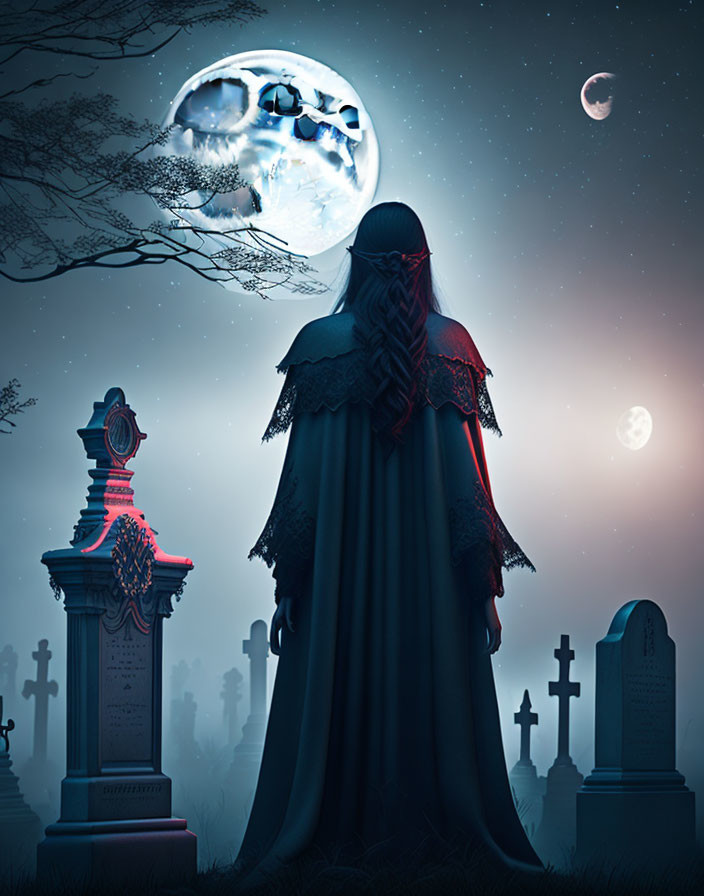 Misty cemetery scene with cloaked figure under moonlit sky