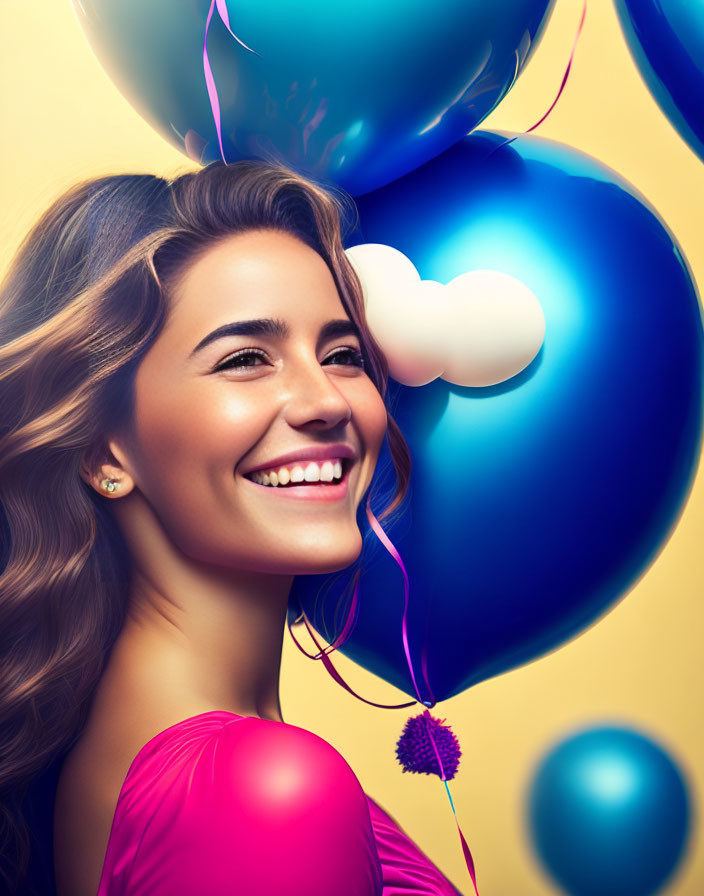 Smiling woman with wavy hair surrounded by colorful balloons