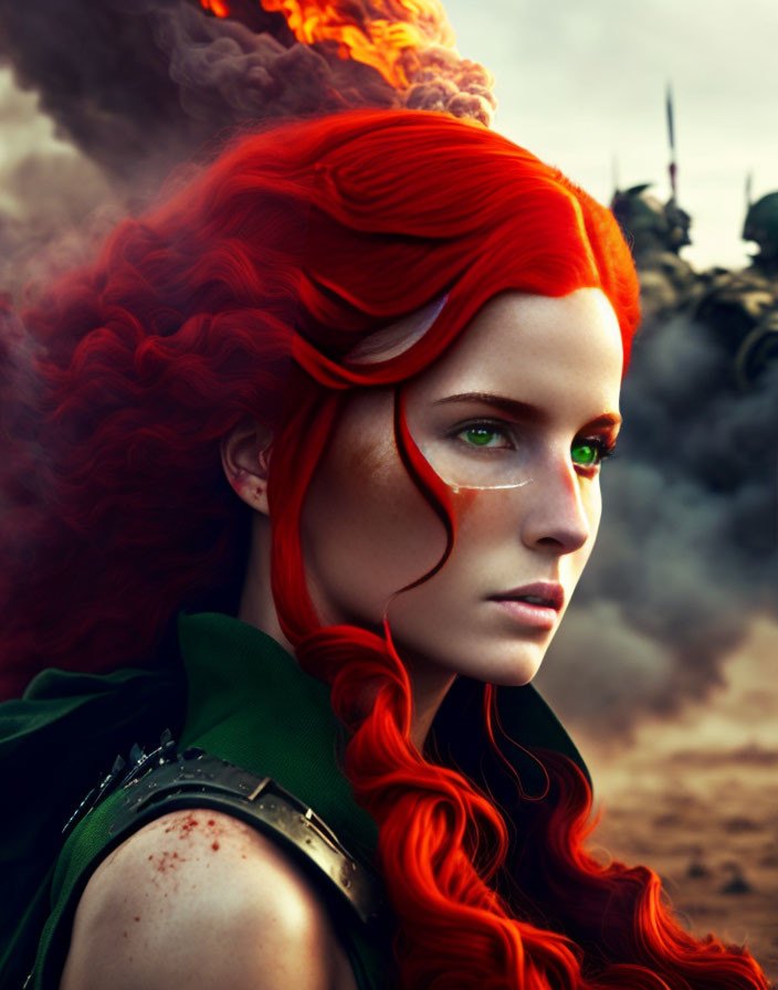 Fiery red-haired woman with green eyes in battlefield scene