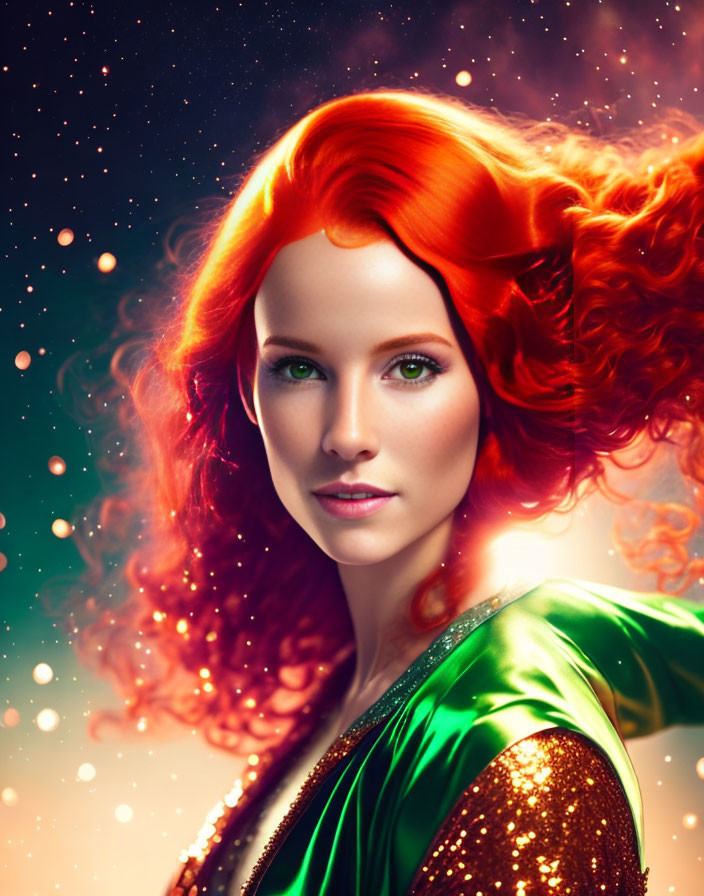 Vibrant red-haired woman in green attire on cosmic backdrop