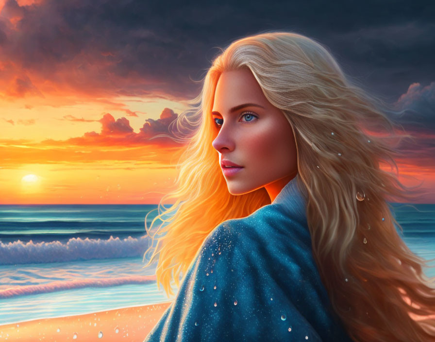 Blonde woman in blue cloak on beach at sunset