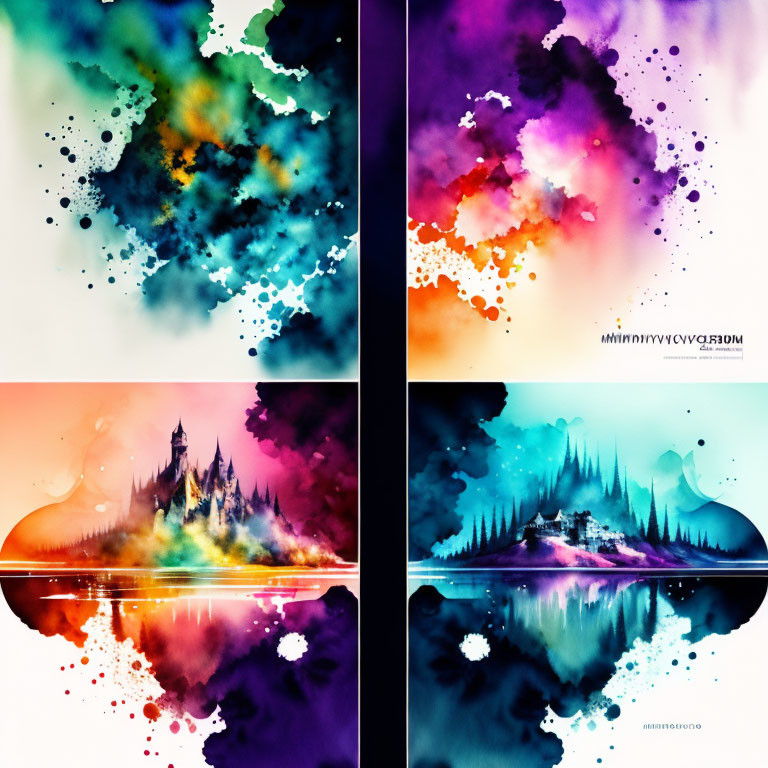 Abstract Watercolor Panels: Vibrant Splatters & Fantasy Castle Reflections