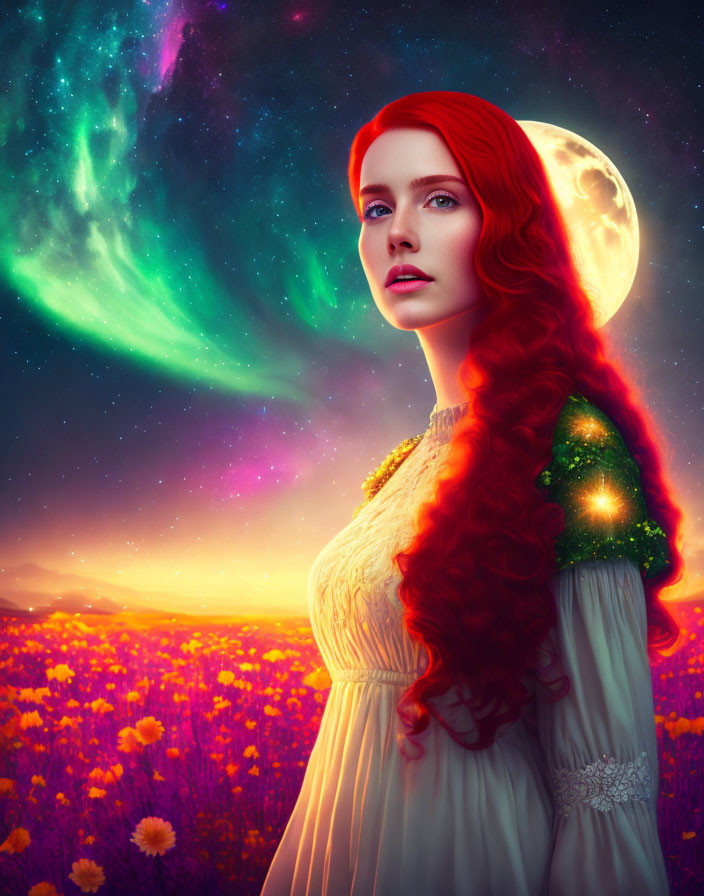 Red-Haired Woman in Field of Flowers with Aurora and Full Moon