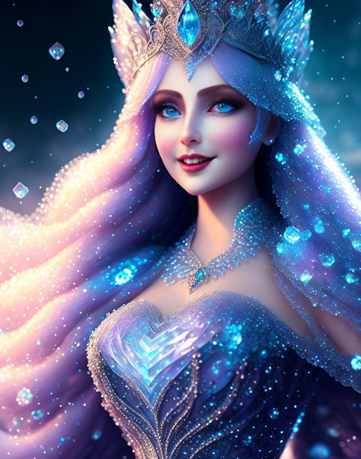 Ethereal fantasy ice queen in glittery blue gown and crystal crown