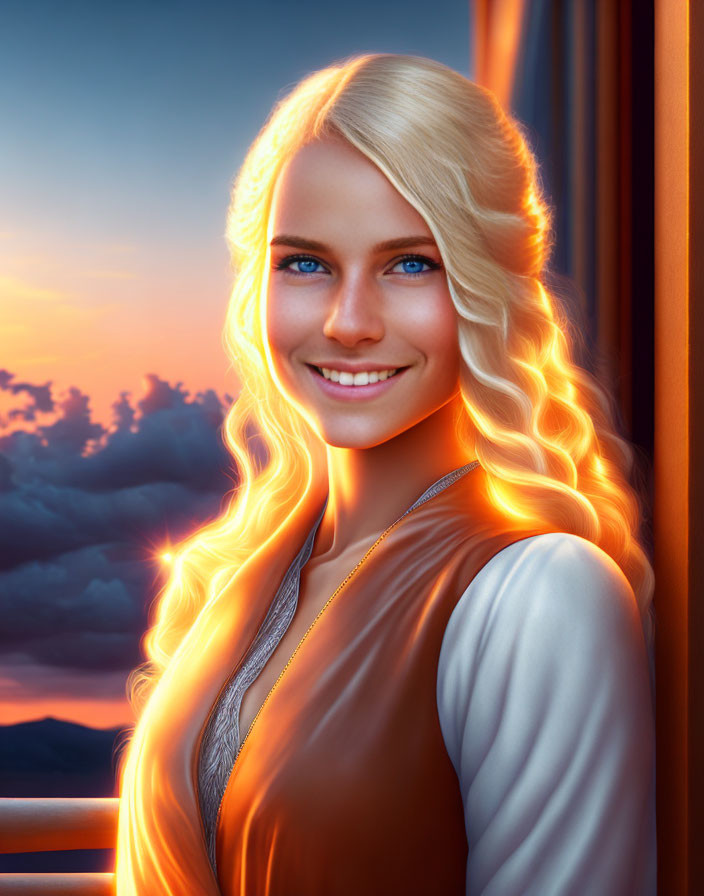 Blonde woman digital art: glowing hair, blue eyes, sunset backdrop