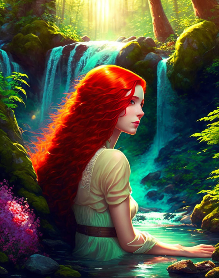 Woman with Red Hair by Forest Waterfall