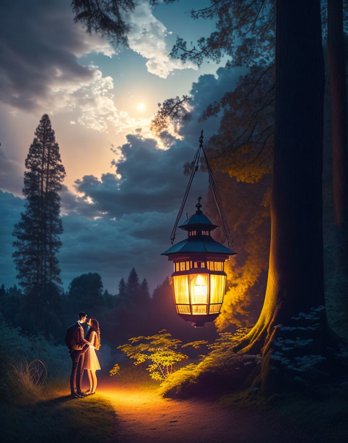 Couple embracing under glowing lantern in mystical forest