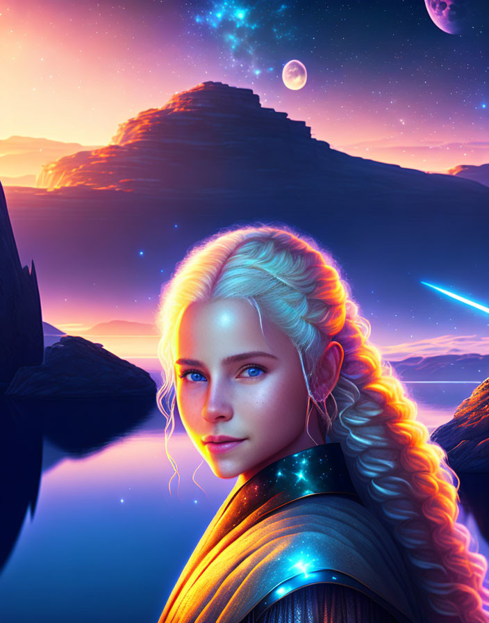 Digital artwork of a woman with glowing hair in cosmic setting