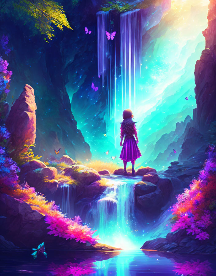 Child standing before luminous waterfall in magical forest with flowers and butterflies.