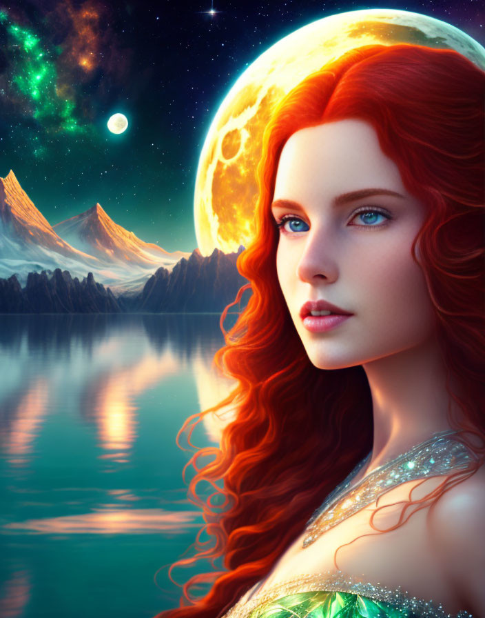 Digital Artwork: Woman with Red Hair and Green Eyes in Fantastical Landscape