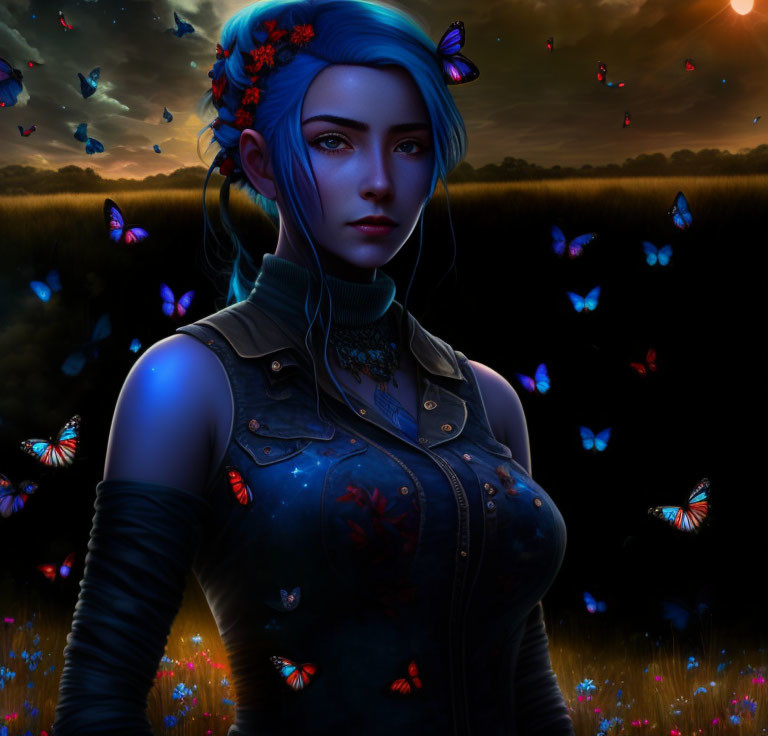 Woman with Blue Hair and Tattoos Surrounded by Colorful Butterflies in Twilight Field