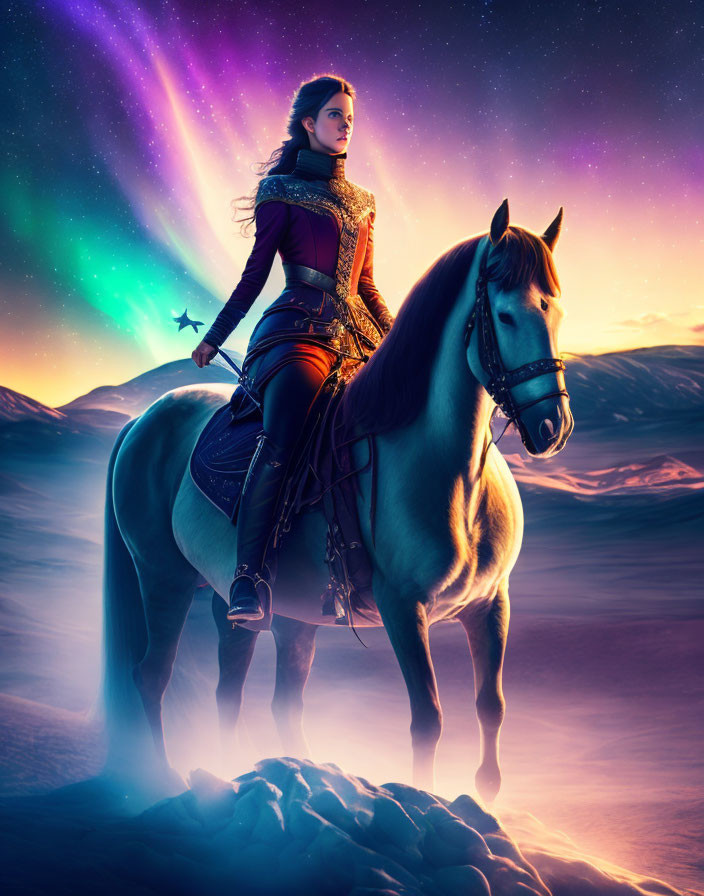 Woman in medieval armor riding horse under vibrant aurora-filled sky