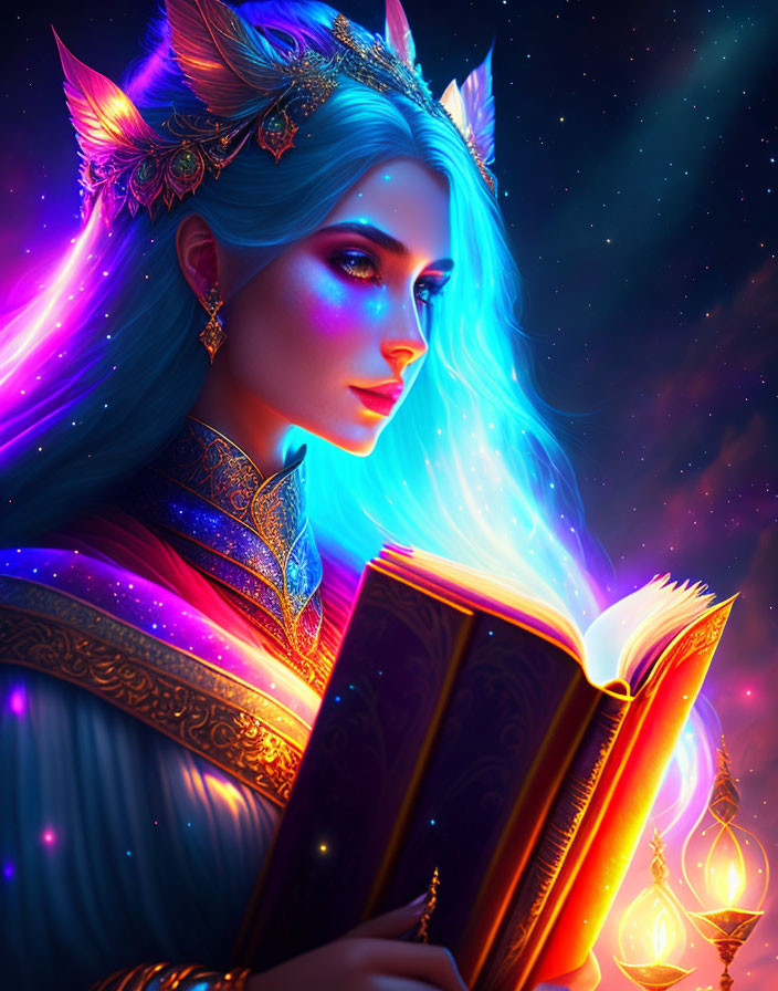 Mystical female figure with glowing blue hair and magical book on celestial background