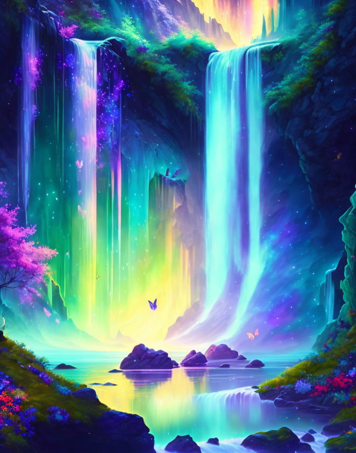 Colorful Fantasy Waterfall Surrounded by Lush Flora and Tranquil Pond