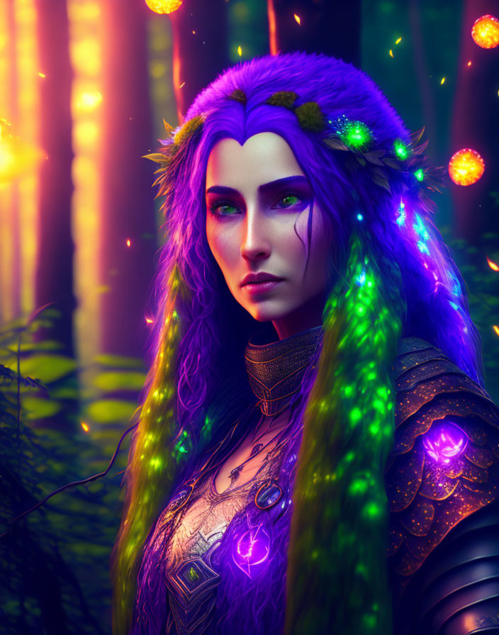 Fantasy artwork: Woman with purple hair, green eyes, armor, fur hood, magical forest lights