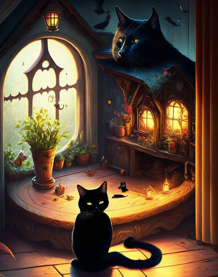 Cozy interior scene featuring two black cats on a wooden table near a window, with warm light and