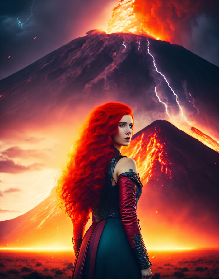 Red-haired woman faces erupting volcano under stormy sky