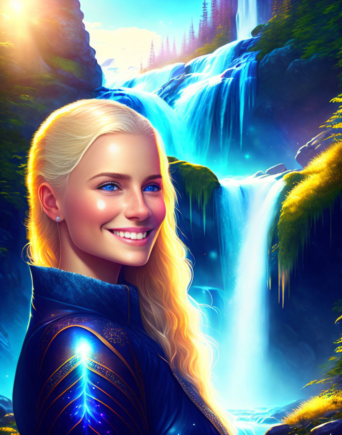 Blonde woman in blue dress admires scenic waterfall landscape