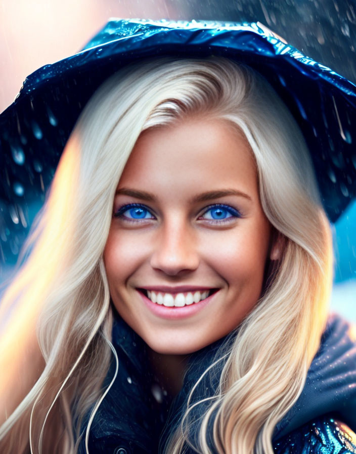 Blonde Woman Smiling Under Blue Umbrella in Rainy Scene