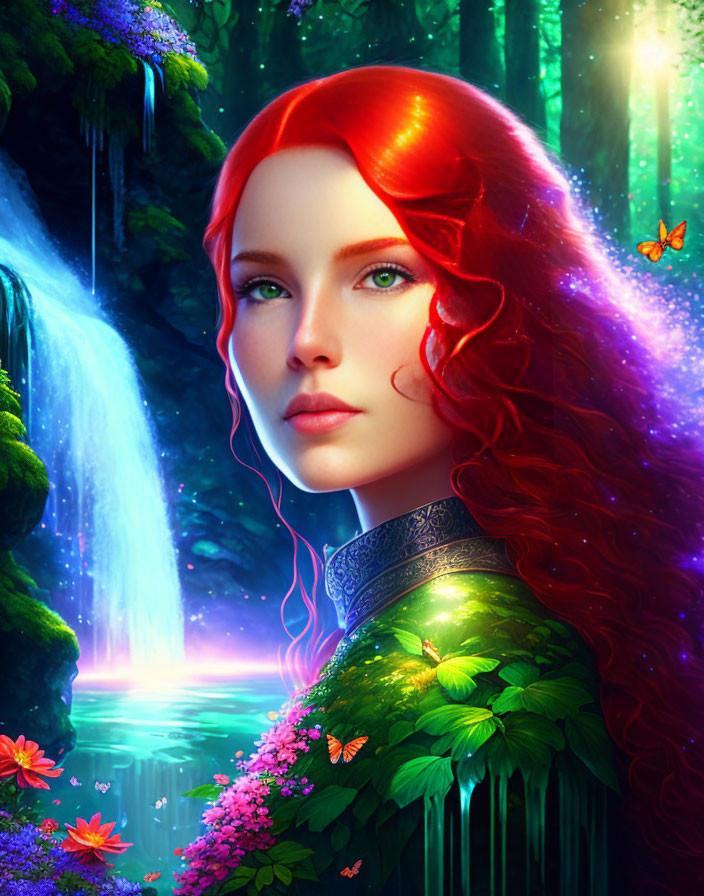 Vibrant red-haired woman in magical forest with waterfalls and butterfly