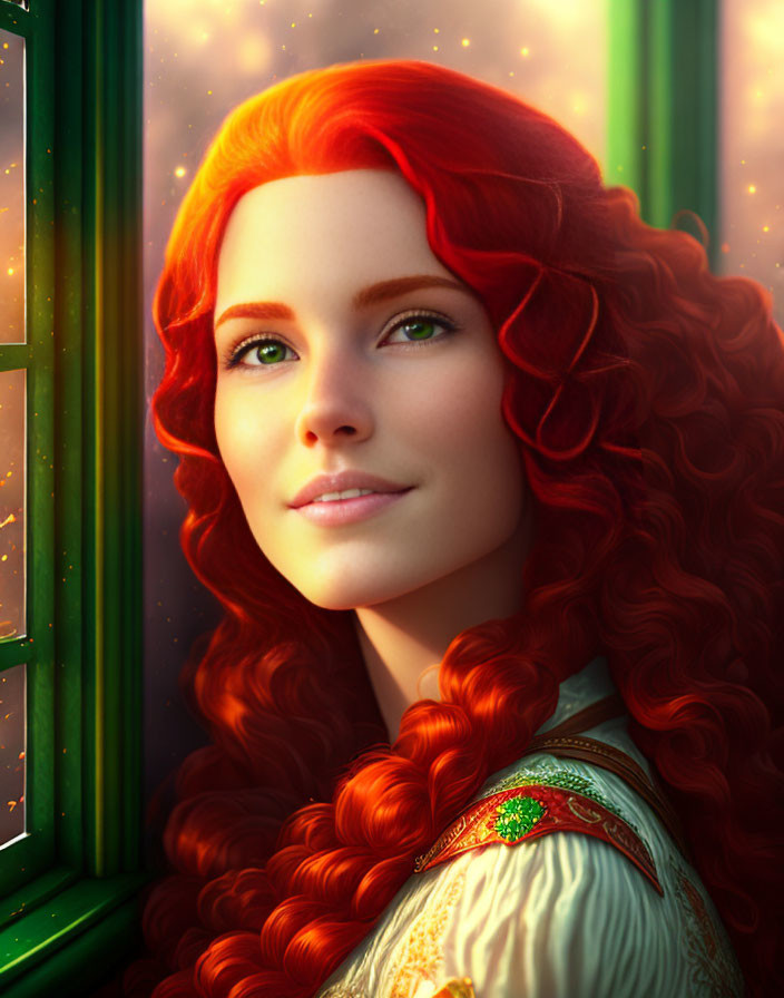 Vibrant red-haired woman smiling by window with sunlight and green dress.