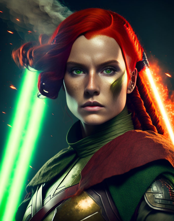 Red-Haired Woman in Warrior Attire with Green Cloak and Armor