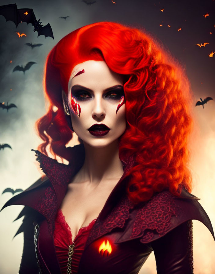 Vibrant red hair and gothic makeup against dark backdrop with bats