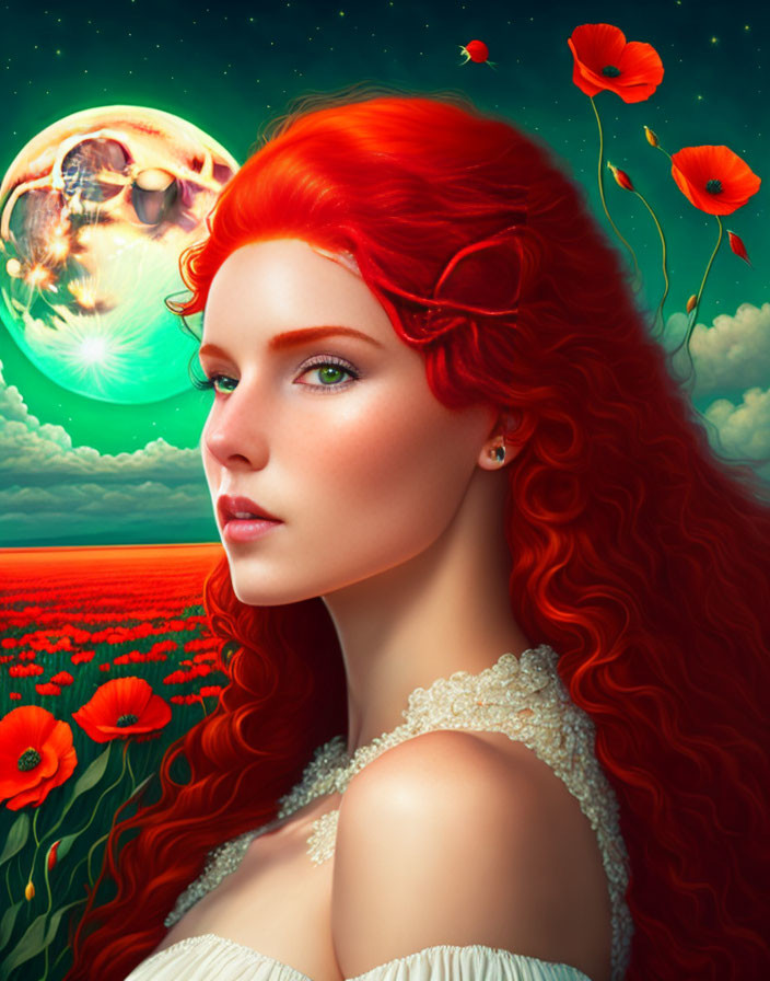 Digital artwork: Woman with red hair and green eyes in poppy field with green moon