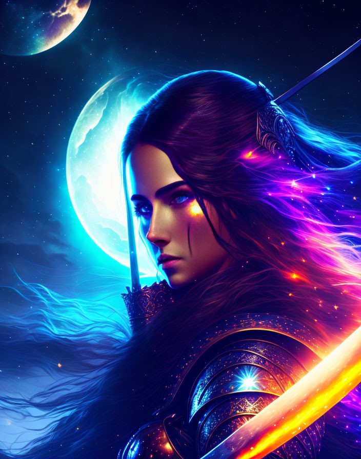 Female warrior digital art: glowing eyes, colorful hair, sword under moonlit sky