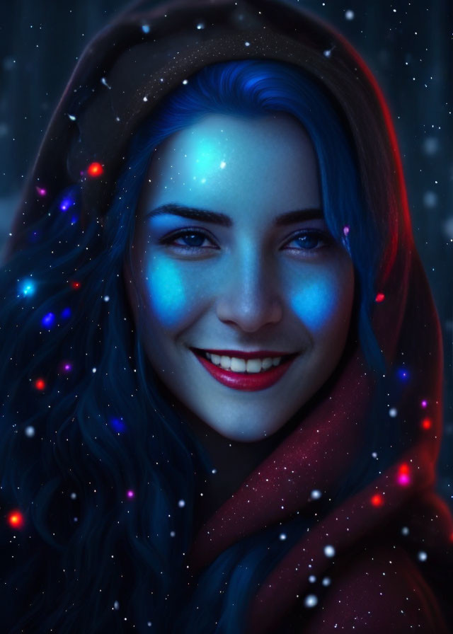 Blue-haired woman in cloak smiles amid glowing skin, snowfall, twinkling lights