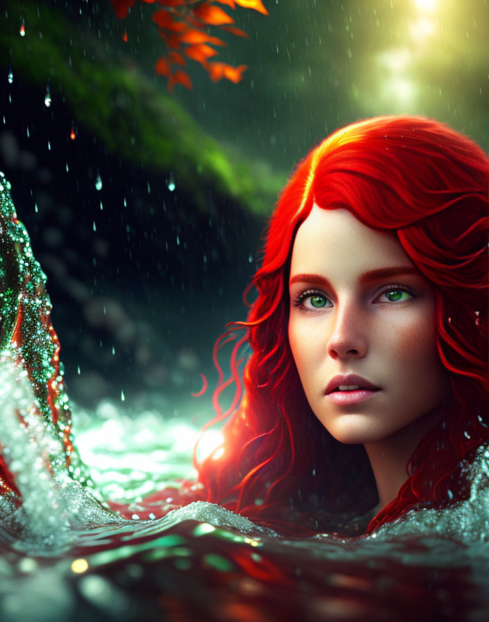 Woman with vibrant red hair and green eyes in mystical rainforest setting