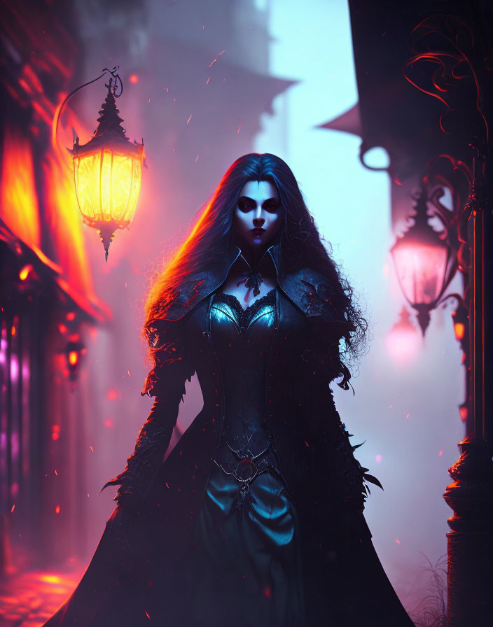 Gothic female figure in dark corset dress under red glow in misty alley