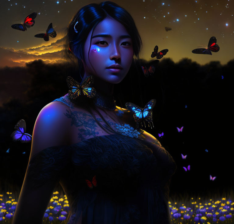 Digital artwork: Woman with glowing butterflies in twilight setting