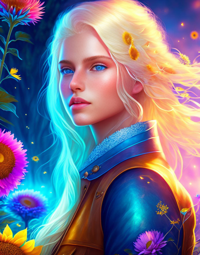 Digital art portrait of woman with glowing blond hair and blue eyes, surrounded by luminescent flowers and