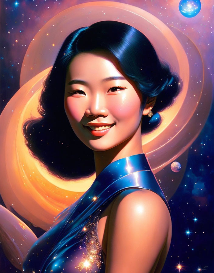 Smiling woman in cosmic digital artwork