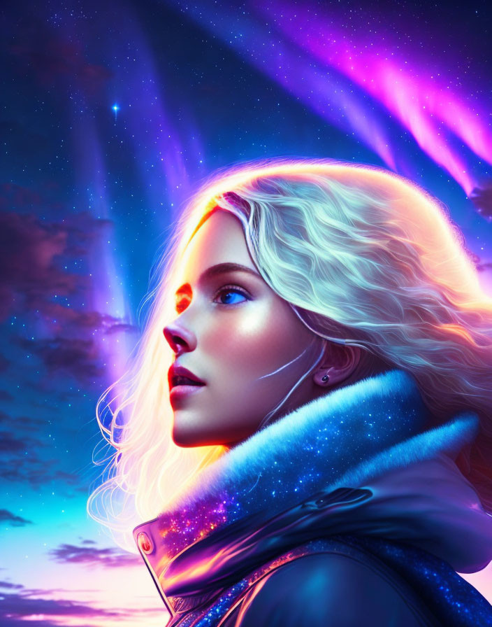 Blond-haired woman with earbuds in aurora-lit night sky