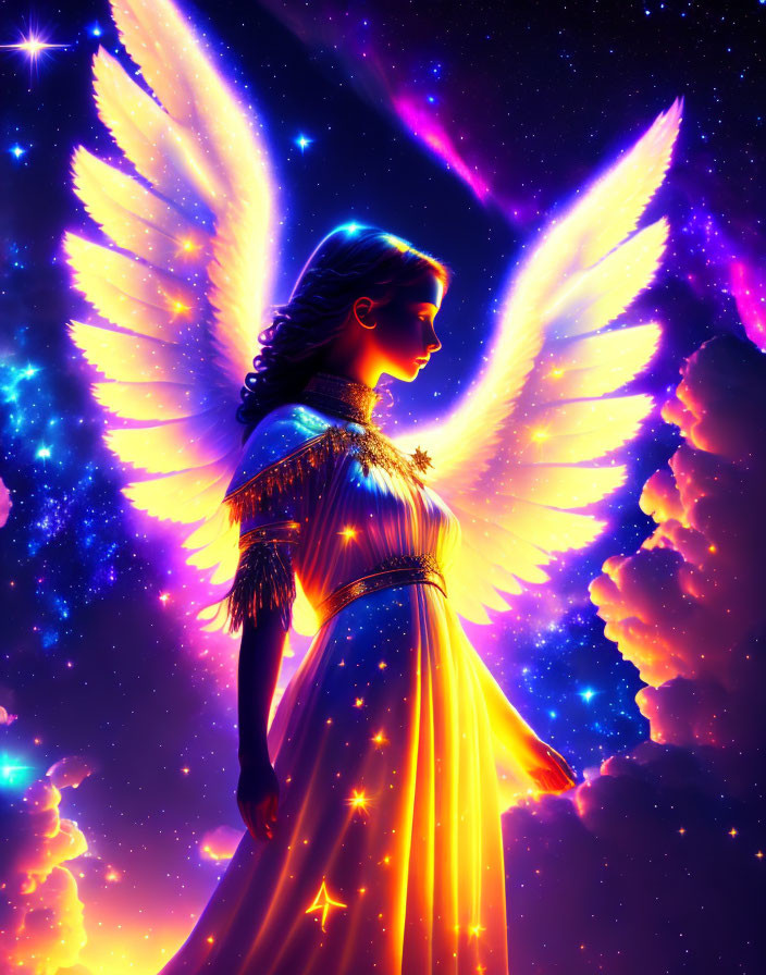 Luminous figure with radiant wings in golden celestial attire