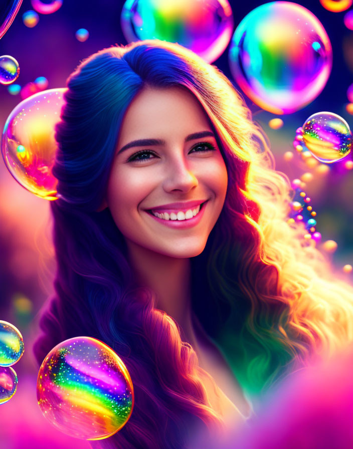 Colorful portrait: Smiling woman with rainbow hair and soap bubbles on bokeh background