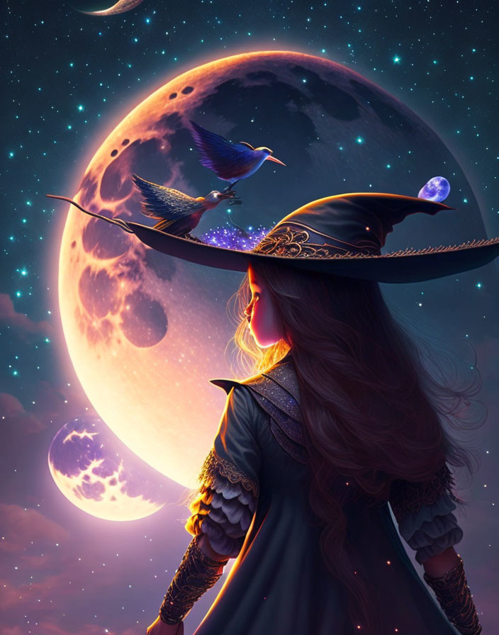 Woman in fancy hat gazes at large moon with surreal birds in starry sky