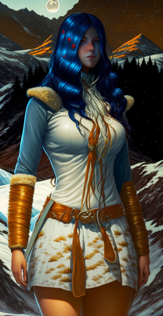 Blue-Haired Female Fantasy Character in Mountainous Night Landscape