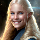 Smiling woman with blue eyes in fantasy outfit and glowing orbs